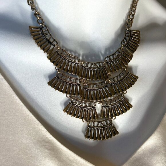 Golden Antique Brass Statement Fan Design Necklace Art Deco Unique Boho Y2K Vint - Picture 3 of 9